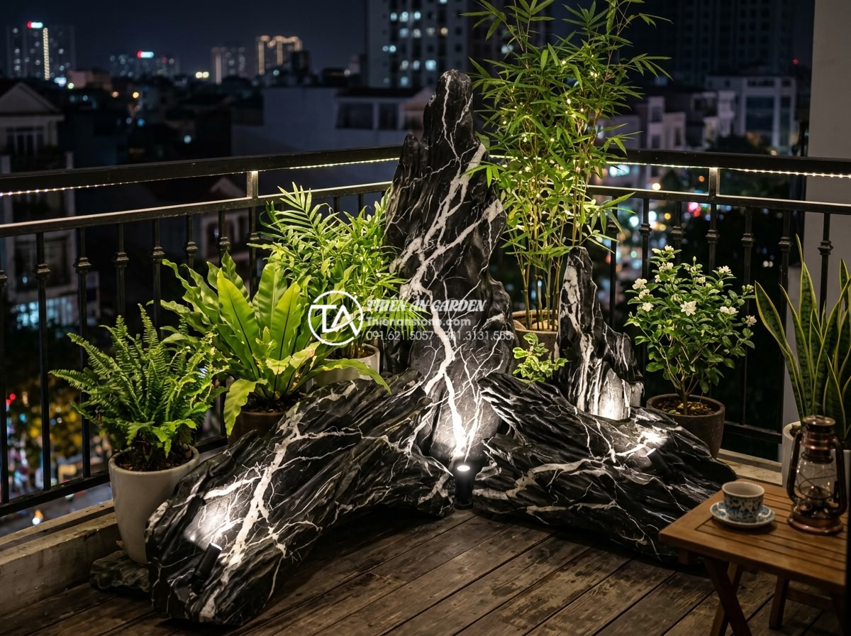 Cách lắp đặt hệ thống đèn led âm đá cho tiểu cảnh ban công lung linh về đêm - Creative nighttime balcony decoration ideas with layered lighting effects on sto