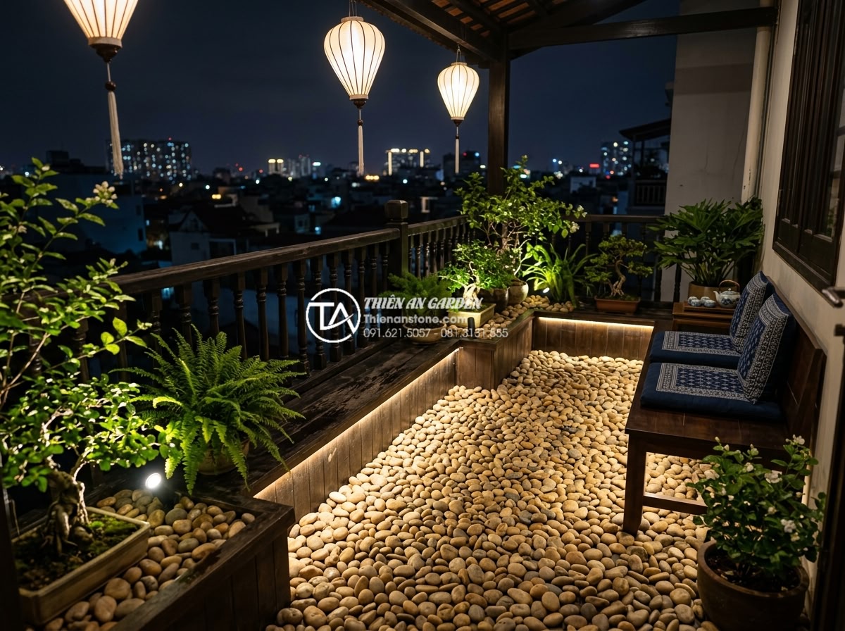 Cách lắp đặt hệ thống đèn led âm đá cho tiểu cảnh ban công lung linh về đêm - Magical illuminated balcony landscape at night with strategic LED placement high