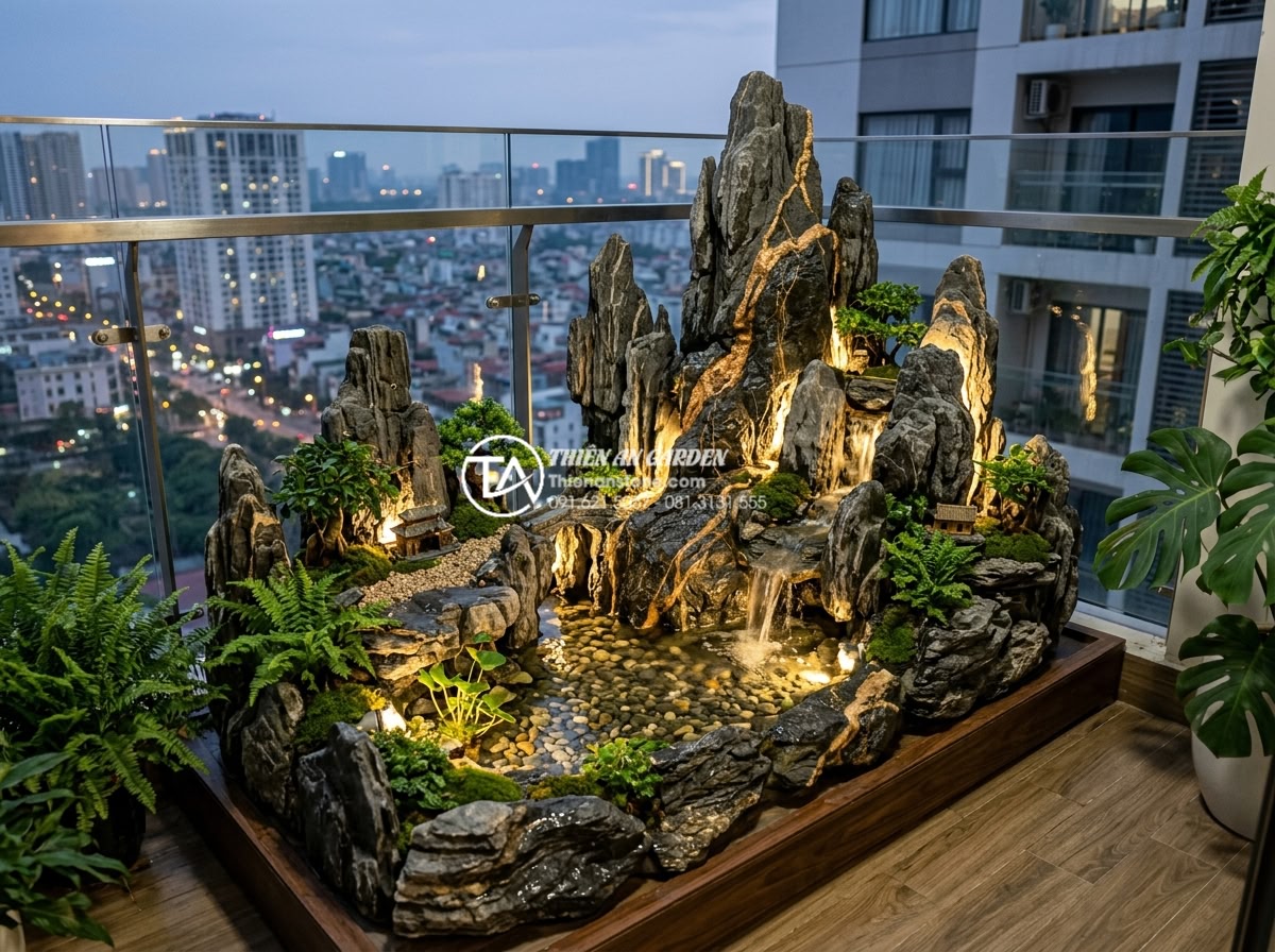 Cách lắp đặt hệ thống đèn led âm đá cho tiểu cảnh ban công lung linh về đêm - Professional team from Da Canh Thien An installing complete LED stone landscape 