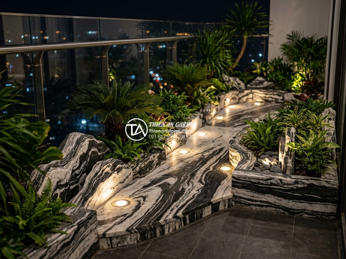Cách lắp đặt hệ thống đèn led âm đá cho tiểu cảnh ban công lung linh về đêm - Finished luxurious balcony mini landscape project by Da Canh Thien An featuring 