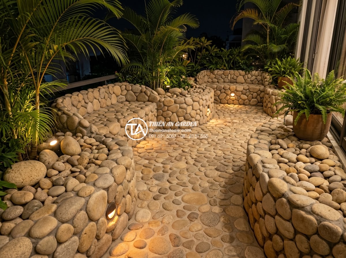 Cách lắp đặt hệ thống đèn led âm đá cho tiểu cảnh ban công lung linh về đêm - Wide angle shot of luxurious balcony with multiple recessed LED lights in stone 
