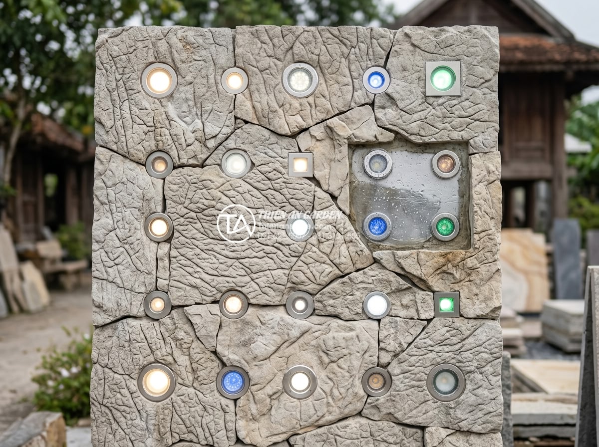 Cách lắp đặt hệ thống đèn led âm đá cho tiểu cảnh ban công lung linh về đêm - Variety of recessed LED lights for stone installation showing different sizes co