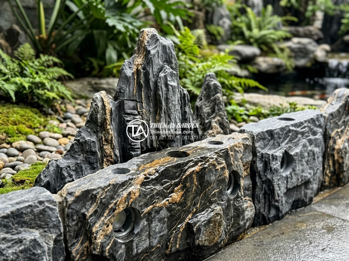 Cách lắp đặt hệ thống đèn led âm đá cho tiểu cảnh ban công lung linh về đêm - High-quality natural granite stones prepared for recessed LED lighting installat