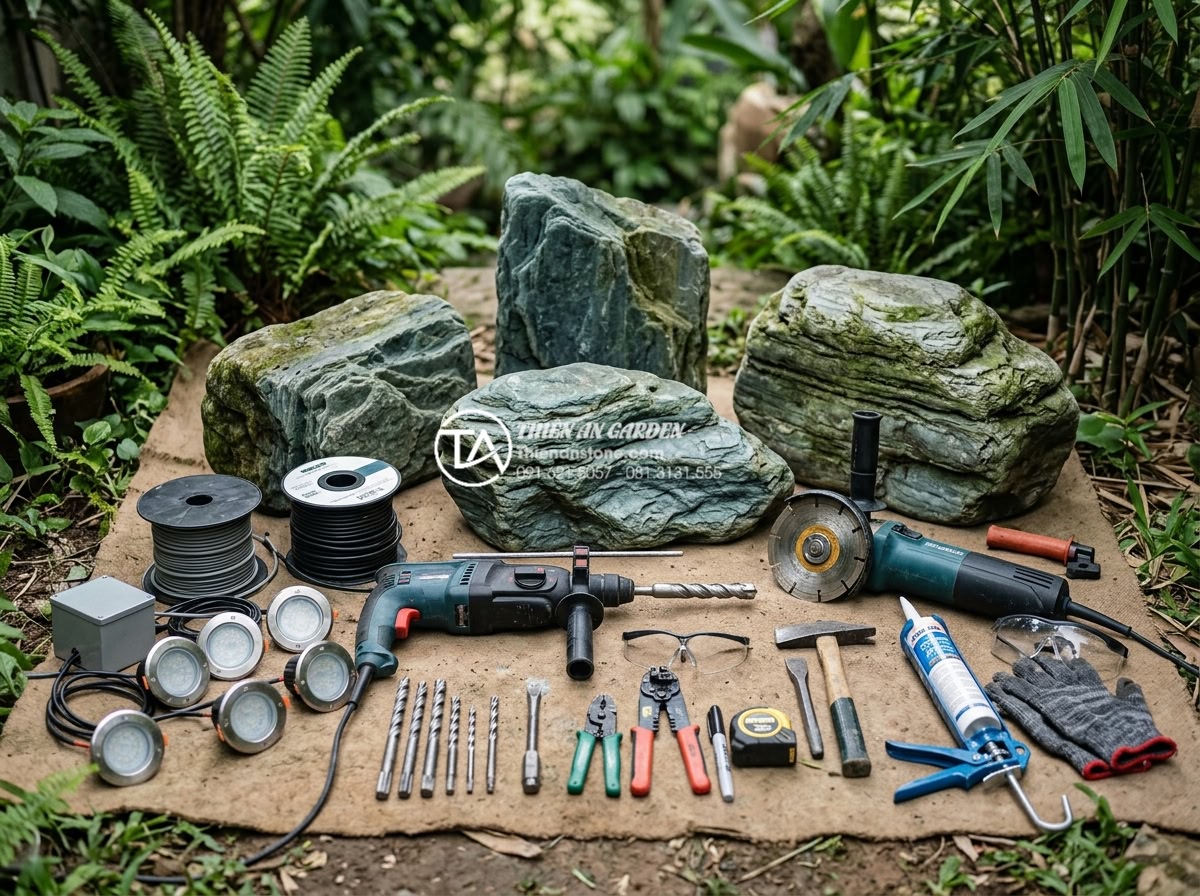 Cách lắp đặt hệ thống đèn led âm đá cho tiểu cảnh ban công lung linh về đêm - Complete set of tools and materials laid out for installing recessed LED lights 
