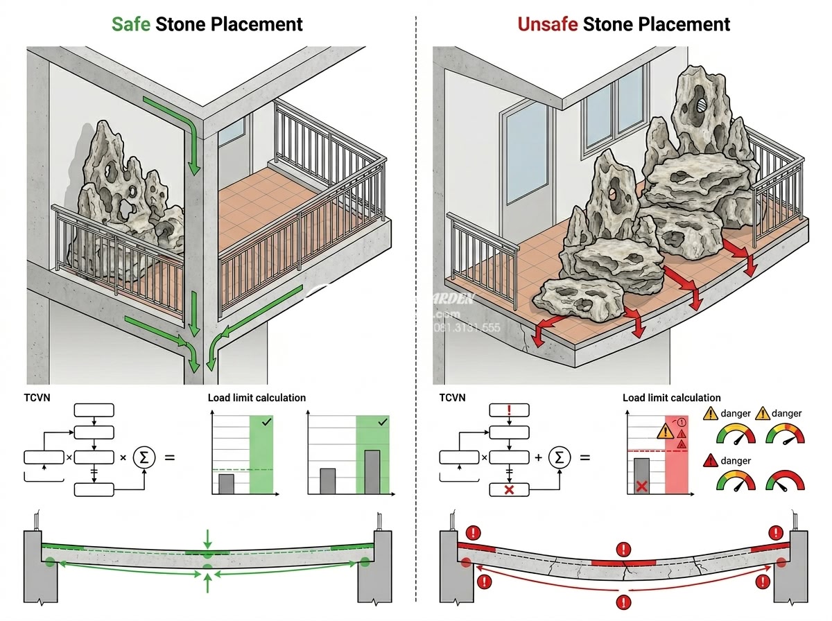 Cách tính toán trọng lượng đá trang trí để đảm bảo an toàn kết cấu ban công - Detailed technical diagram illustrating the structural stress on a concrete balc