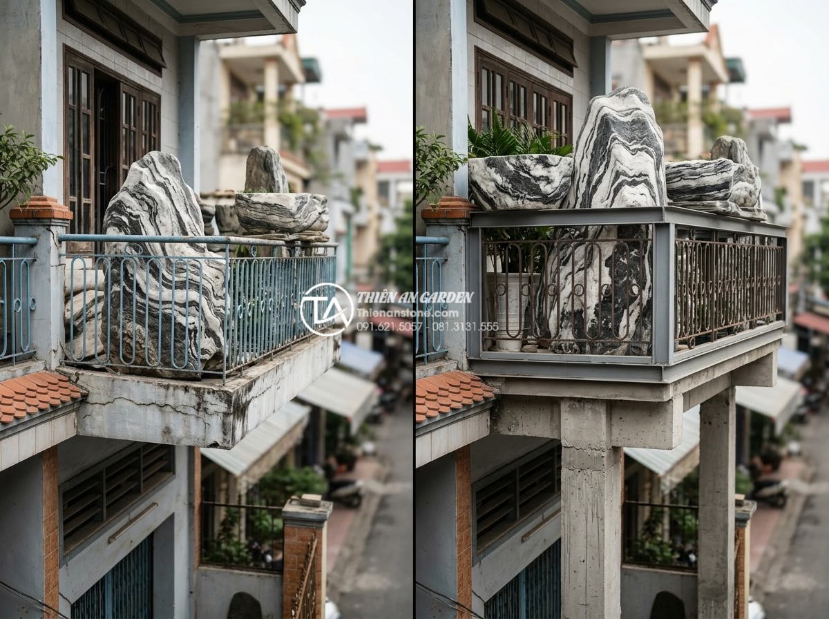 Cách tính toán trọng lượng đá trang trí để đảm bảo an toàn kết cấu ban công - Before and after comparison images of balcony reinforcement techniques to suppor