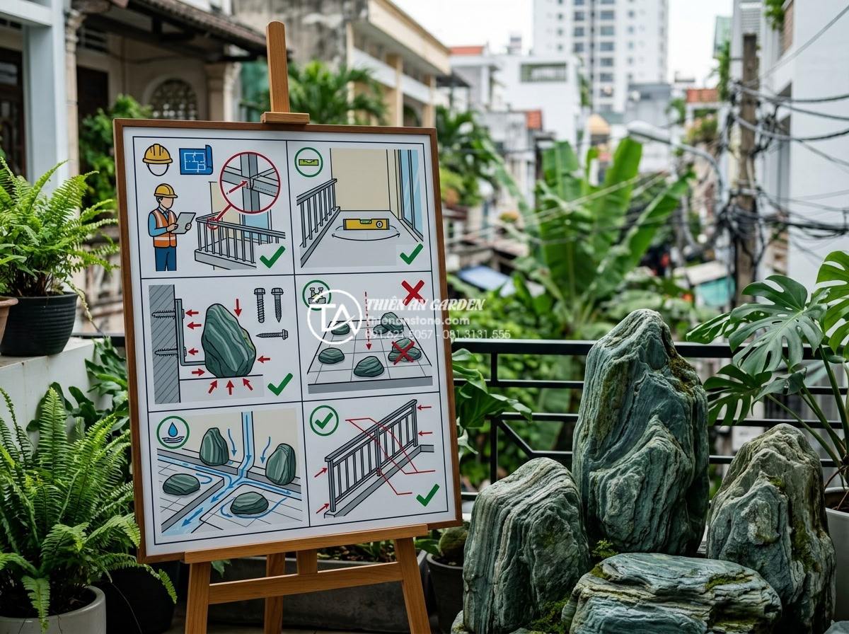 Cách tính toán trọng lượng đá trang trí để đảm bảo an toàn kết cấu ban công - Checklist infographic highlighting critical safety precautions when installing h