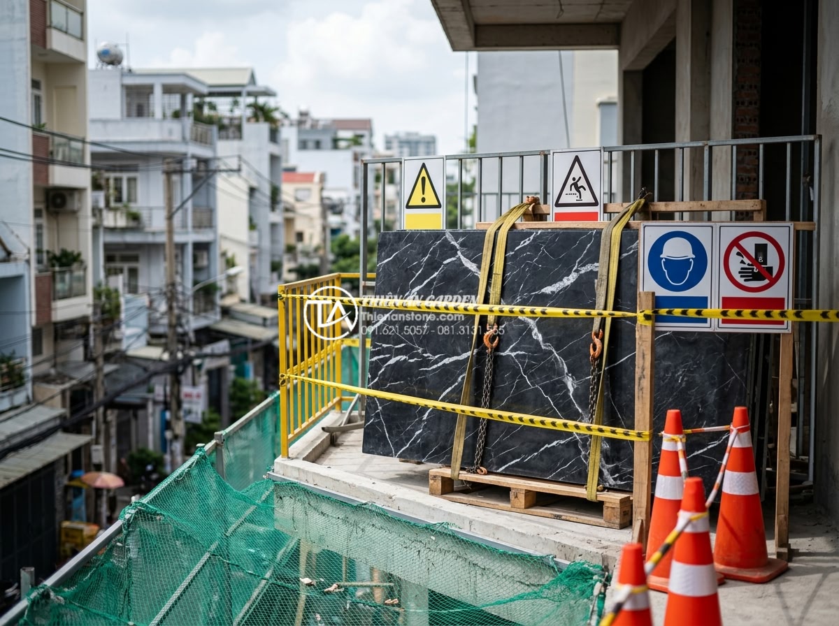Cách tính toán trọng lượng đá trang trí để đảm bảo an toàn kết cấu ban công - Warning signs and safety measures displayed during heavy stone installation on b