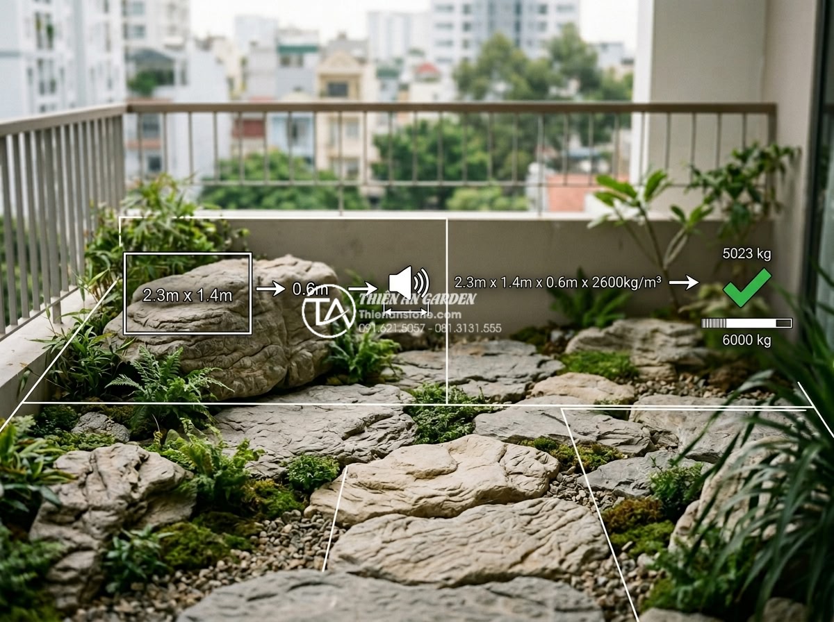 Cách tính toán trọng lượng đá trang trí để đảm bảo an toàn kết cấu ban công - Practical example photo of a completed balcony stone landscape with overlaid wei