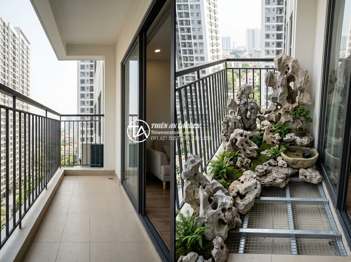 Cách tính toán trọng lượng đá trang trí để đảm bảo an toàn kết cấu ban công - Before and after photos of a 2.2m² Vinhomes balcony transformed into an artistic