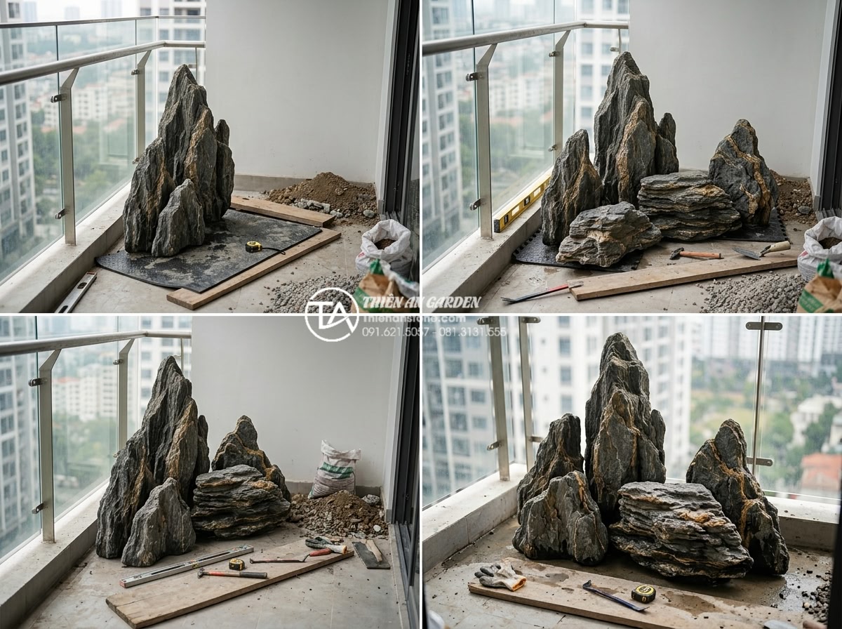 Cách tính toán trọng lượng đá trang trí để đảm bảo an toàn kết cấu ban công - Professional installation process photos showing safe stone placement techniques