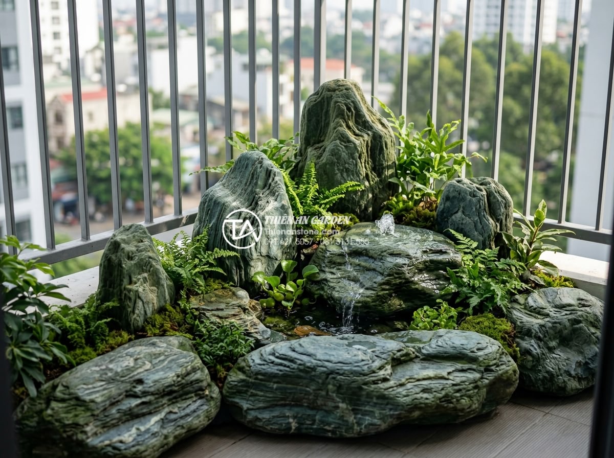 Cách tính toán trọng lượng đá trang trí để đảm bảo an toàn kết cấu ban công - Inspiring completed balcony designs featuring natural stones, plants, and water 