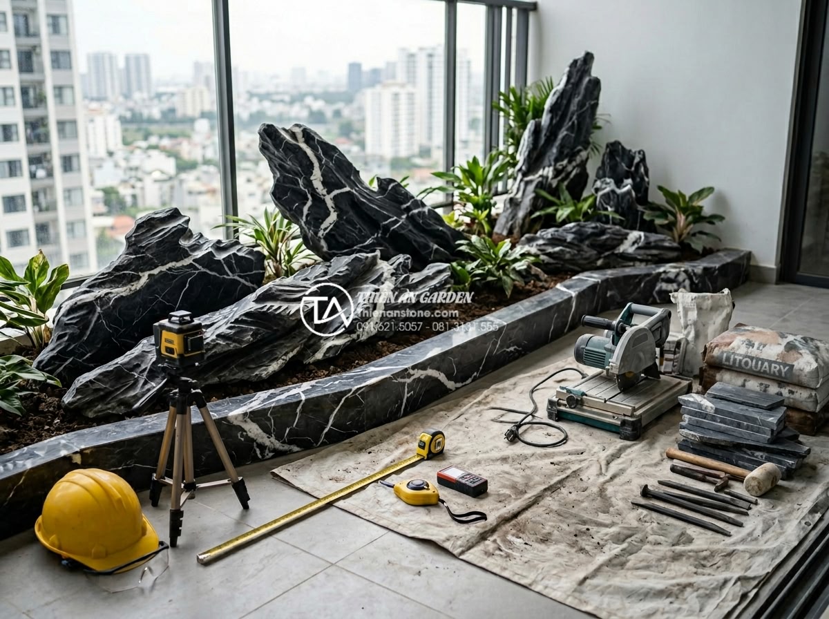 Cách tính toán trọng lượng đá trang trí để đảm bảo an toàn kết cấu ban công - Professional team of stone landscape experts from Da Canh Thien An working on a 
