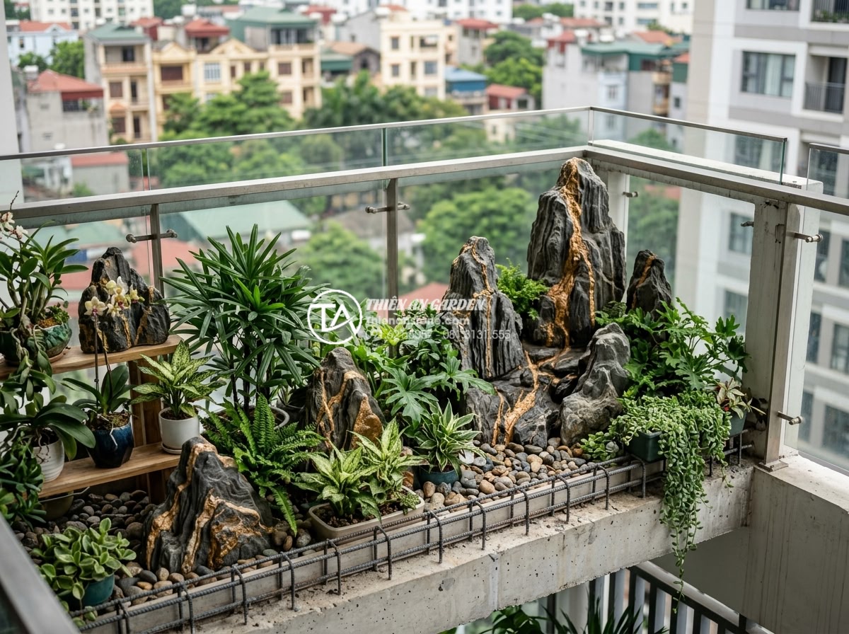 Cách tính toán trọng lượng đá trang trí để đảm bảo an toàn kết cấu ban công - High-resolution photo of a modern safe balcony garden featuring carefully calcul