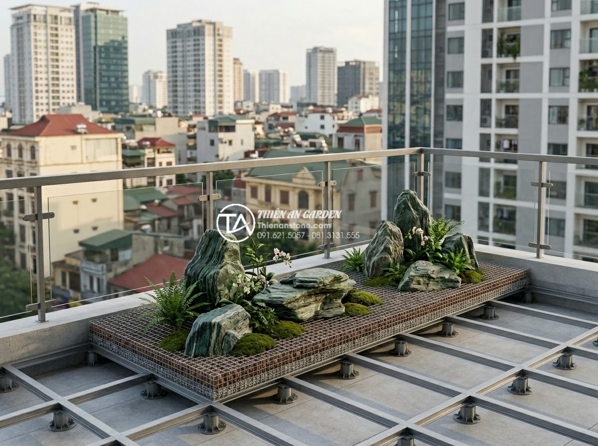 Cách tính toán trọng lượng đá trang trí để đảm bảo an toàn kết cấu ban công - Realistic 3D rendering of a high-rise apartment balcony showing safe load distri