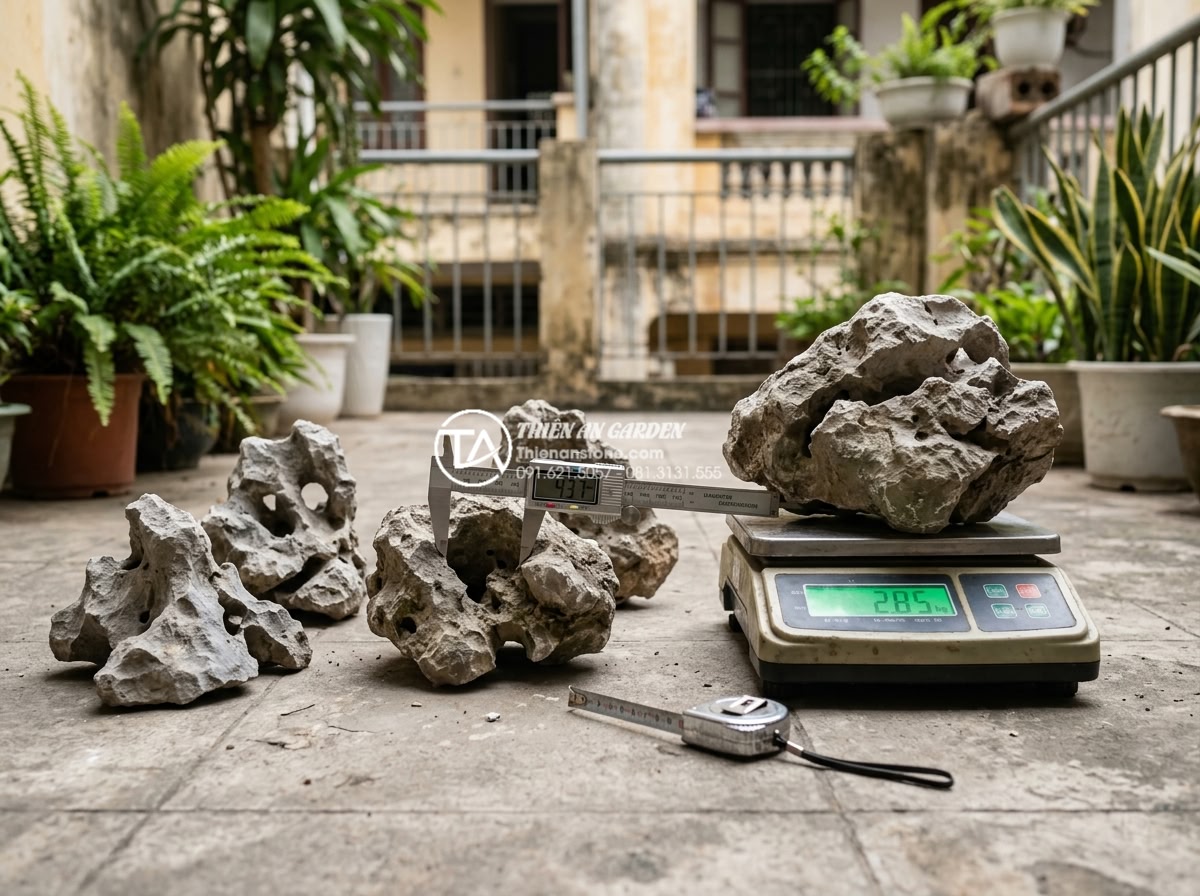 Cách tính toán trọng lượng đá trang trí để đảm bảo an toàn kết cấu ban công - Practical demonstration of measuring and weighing stone pieces for balcony lands