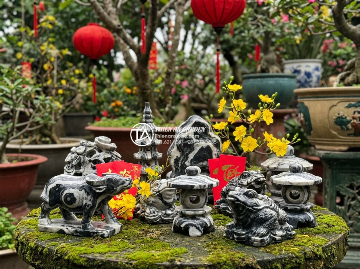 Cách trang trí tiểu cảnh góc sân vườn rực rỡ đón Tết 2027 - Detailed close view of hand-carved natural stone figurines and decorative elemen