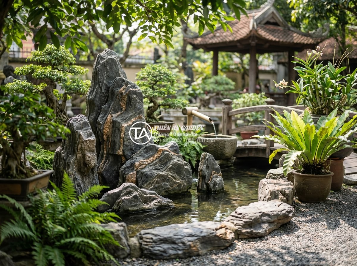 Cách trang trí tiểu cảnh góc sân vườn rực rỡ đón Tết 2027 - Harmonious feng shui layout of stone elements, plants, and water features in a V