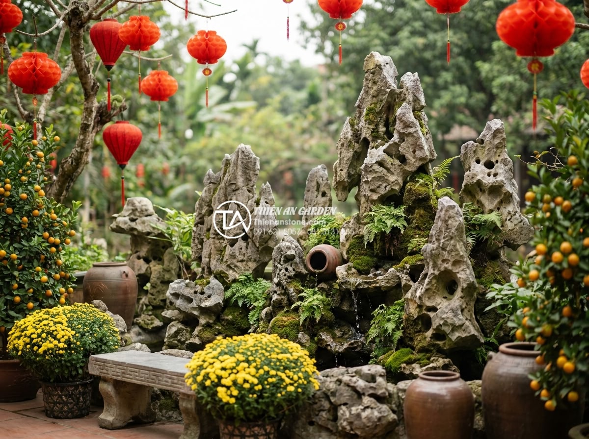 Cách trang trí tiểu cảnh góc sân vườn rực rỡ đón Tết 2027 - Beautiful finished project by Thien An Stone company showcasing a fully decorate