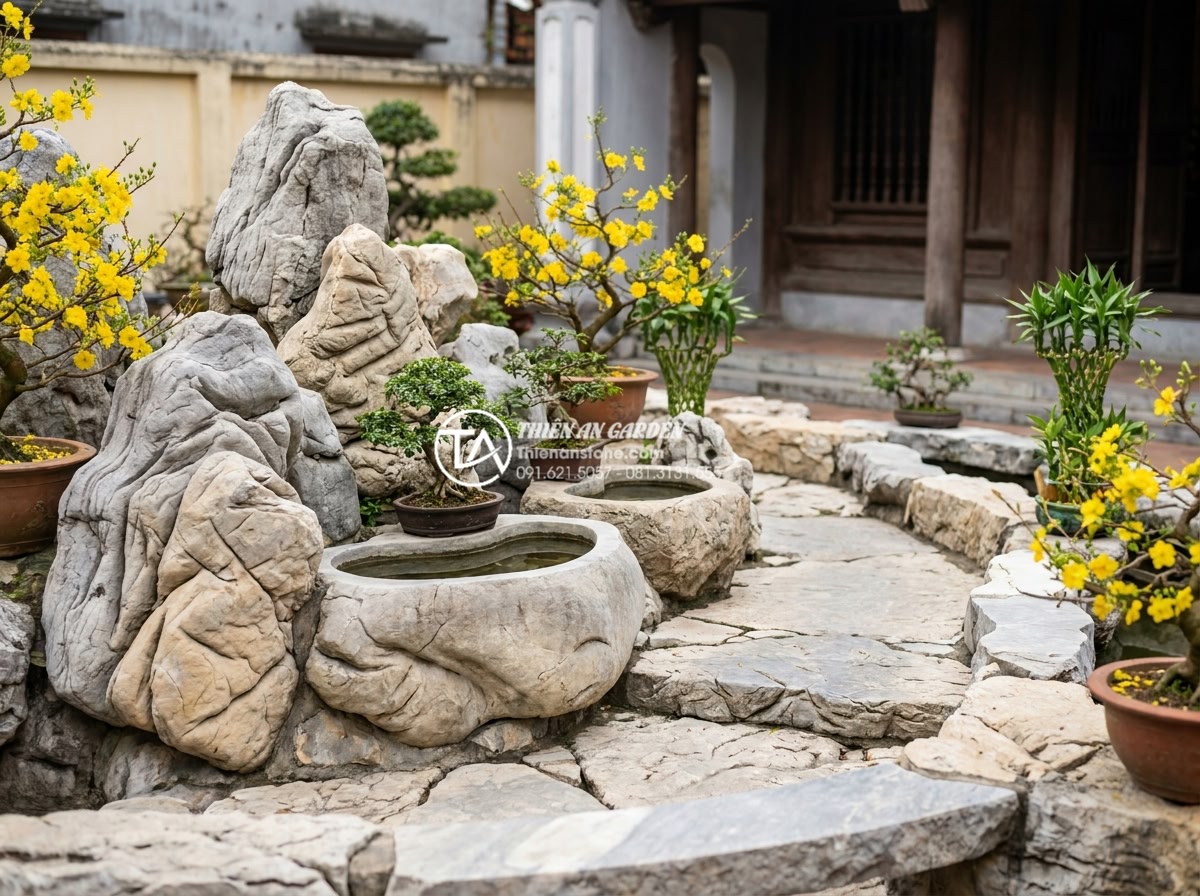Cách trang trí tiểu cảnh góc sân vườn rực rỡ đón Tết 2027 - High-quality natural granite and basalt stones being used in garden landscaping 