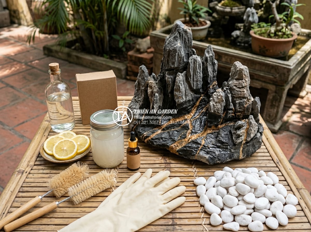Cách vệ sinh sỏi trắng và đá trang trí gầm cầu thang luôn trắng sáng như mới - Beautiful flat lay of natural DIY stone cleaning ingredients including white vin