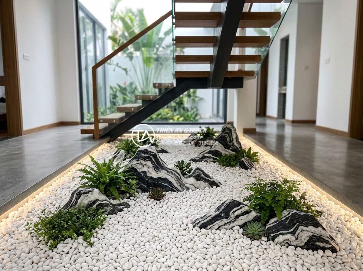 Cách vệ sinh sỏi trắng và đá trang trí gầm cầu thang luôn trắng sáng như mới - Final transformation result image showing completely renewed under-stair zen gar