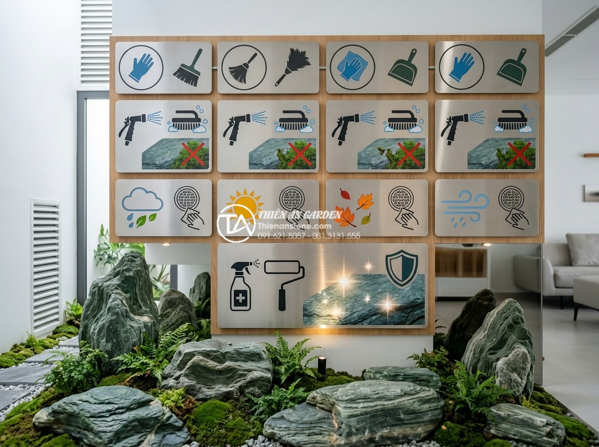 Cách vệ sinh sỏi trắng và đá trang trí gầm cầu thang luôn trắng sáng như mới - Calendar-style infographic showing professional stone maintenance schedule for u