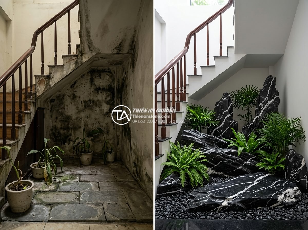Cách xử lý ẩm mốc và mùi hôi triệt để cho tiểu cảnh chân cầu thang - Hình 3 Cách xử lý ẩm mốc và mùi hôi triệt để cho tiểu cảnh chân cầu thang - Realistic before-and-after image of a family home under-stair natural stone gard