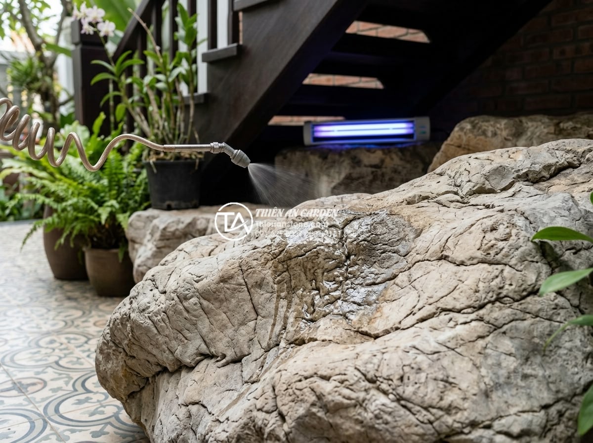 Cách xử lý ẩm mốc và mùi hôi triệt để cho tiểu cảnh chân cầu thang - Hình 5 Cách xử lý ẩm mốc và mùi hôi triệt để cho tiểu cảnh chân cầu thang - Close-up of advanced nano anti-mold treatment being applied to natural stone lan