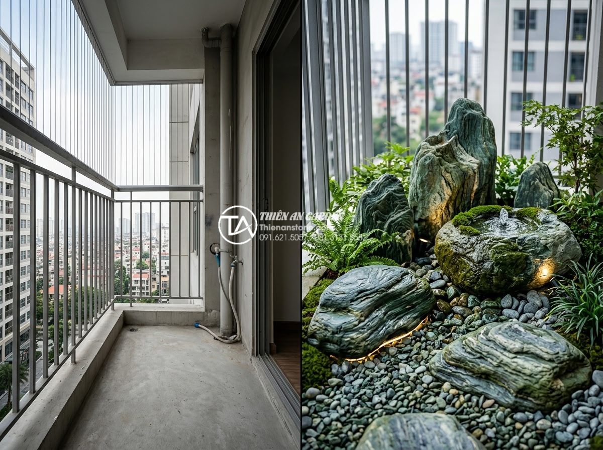 Case Study: Biến ban công 2m2 thành khu vườn đá nghệ thuật tại Vinhomes - Hình 8 Case Study: Biến ban công 2m2 thành khu vườn đá nghệ thuật tại Vinhomes - Before and after comparison split image of Vinhomes 2m2 balcony showing original
