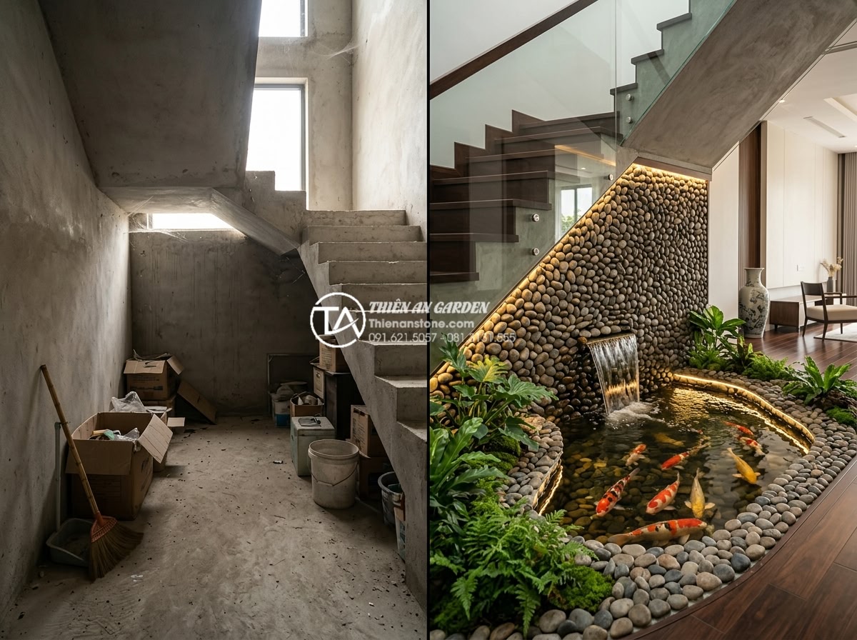 Case Study: Biến gầm cầu thang cũ kỹ thành hồ cá Koi mini đẳng cấp tại Hà Nội - High-resolution before-and-after comparison photo of a dusty, cluttered under-st