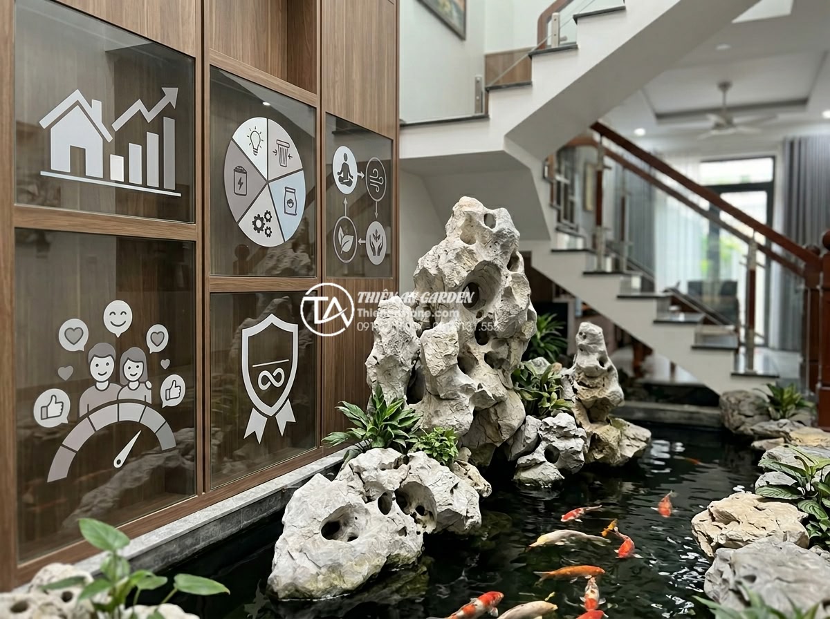 Case Study: Biến gầm cầu thang cũ kỹ thành hồ cá Koi mini đẳng cấp tại Hà Nội - Professional infographic style image showing return on investment statistics for