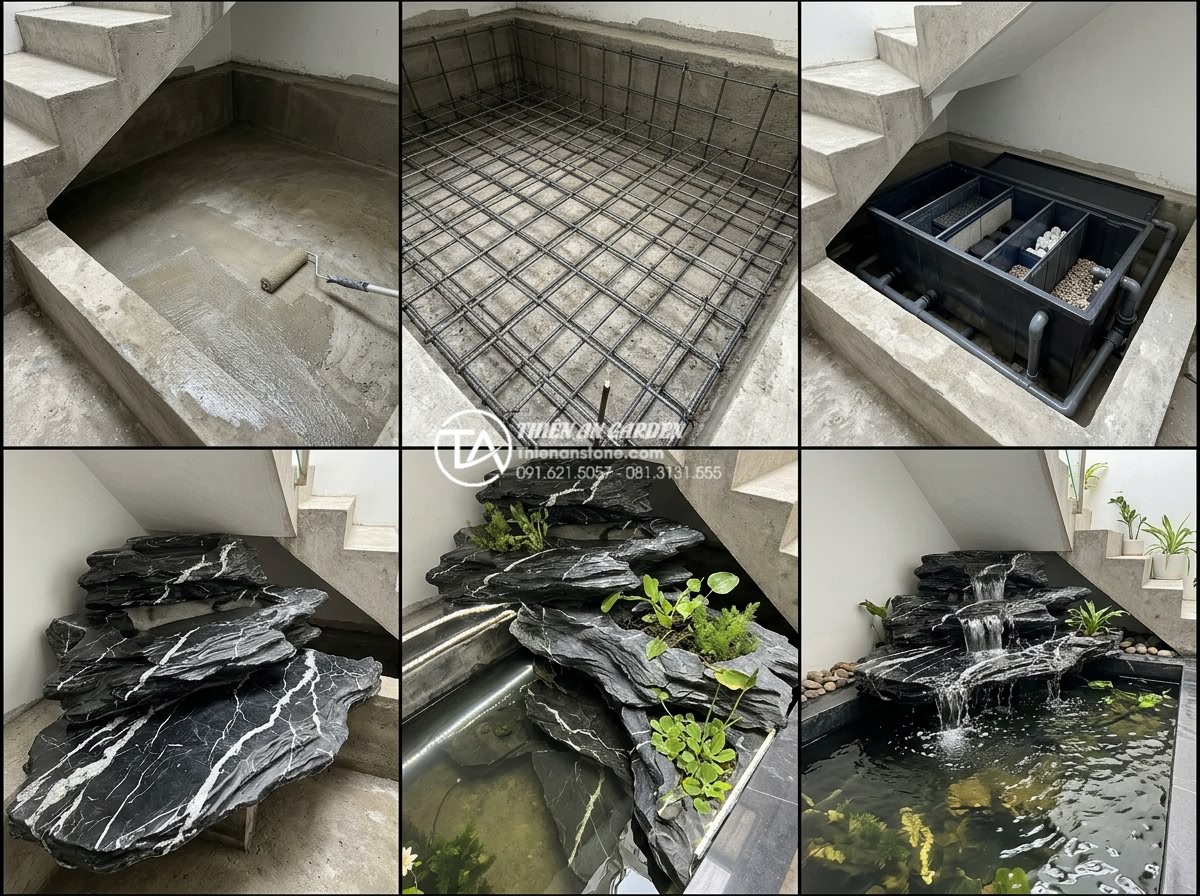 Case Study: Biến gầm cầu thang cũ kỹ thành hồ cá Koi mini đẳng cấp tại Hà Nội - Step-by-step professional construction documentation photos of Koi pond installa