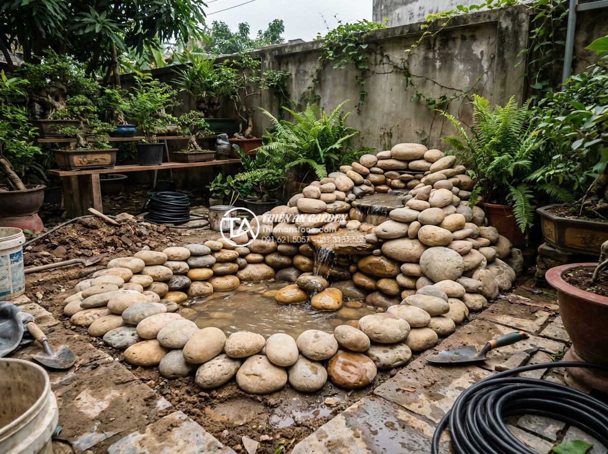 Case Study: Cải tạo góc sân chết 2m2 thành tiểu cảnh mini cực chill - Hình 10 Case Study: Cải tạo góc sân chết 2m2 thành tiểu cảnh mini cực chill - Progress image of the full construction phase with workers carefully positioning