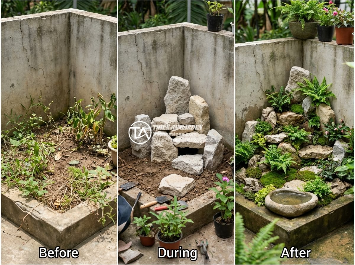Case Study: Cải tạo góc sân chết 2m2 thành tiểu cảnh mini cực chill - Hình 11 Case Study: Cải tạo góc sân chết 2m2 thành tiểu cảnh mini cực chill - Sequential before-during-after photos illustrating the exact transformation step