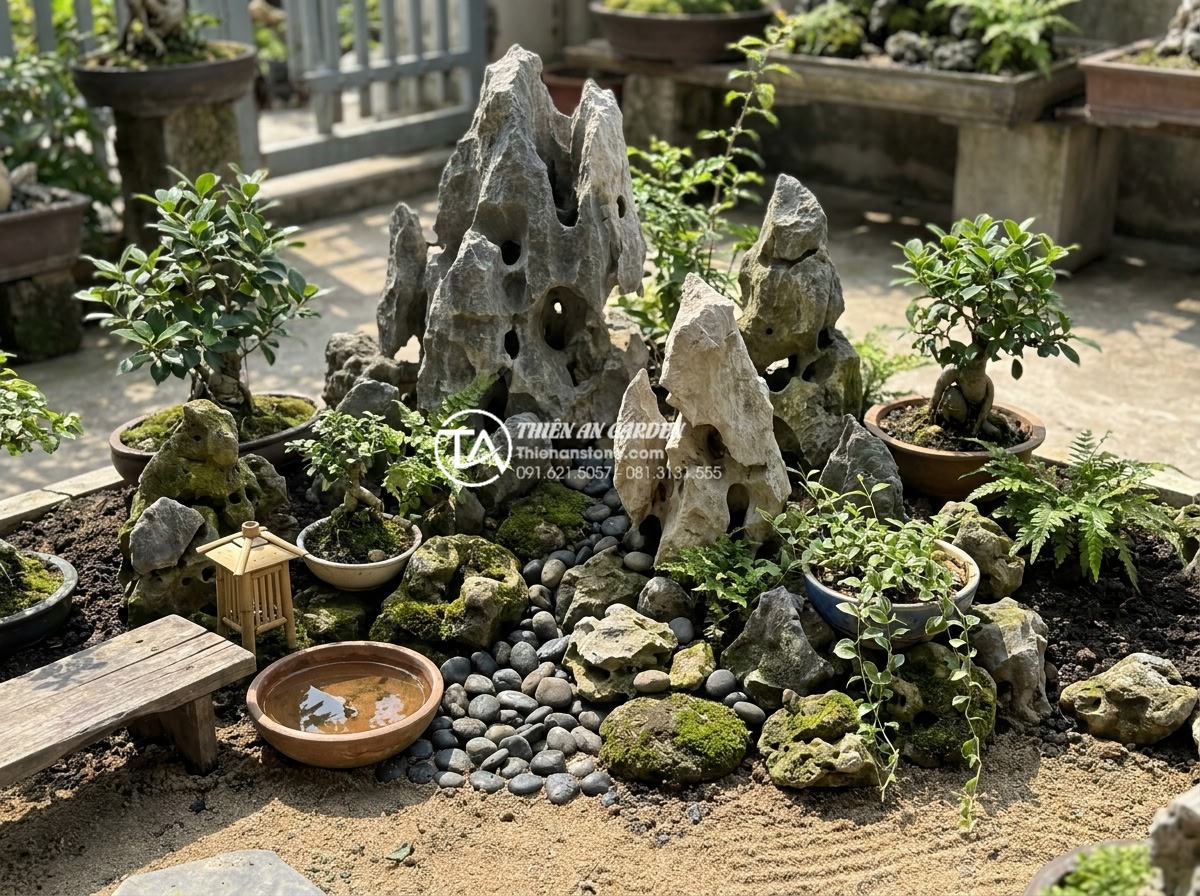 Case Study: Cải tạo góc sân chết 2m2 thành tiểu cảnh mini cực chill - Hình 12 Case Study: Cải tạo góc sân chết 2m2 thành tiểu cảnh mini cực chill - Final detailed view of the completed mini chill landscape highlighting every ele