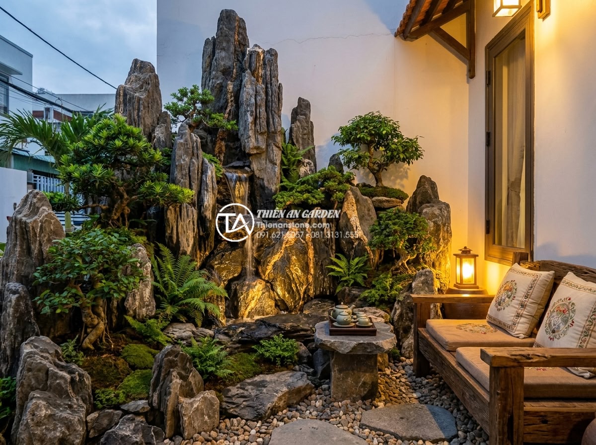 Case Study: Cải tạo góc sân chết 2m2 thành tiểu cảnh mini cực chill - Hình 13 Case Study: Cải tạo góc sân chết 2m2 thành tiểu cảnh mini cực chill - Stunning after photo of the finished 2m2 mini chill rockery garden with flowing