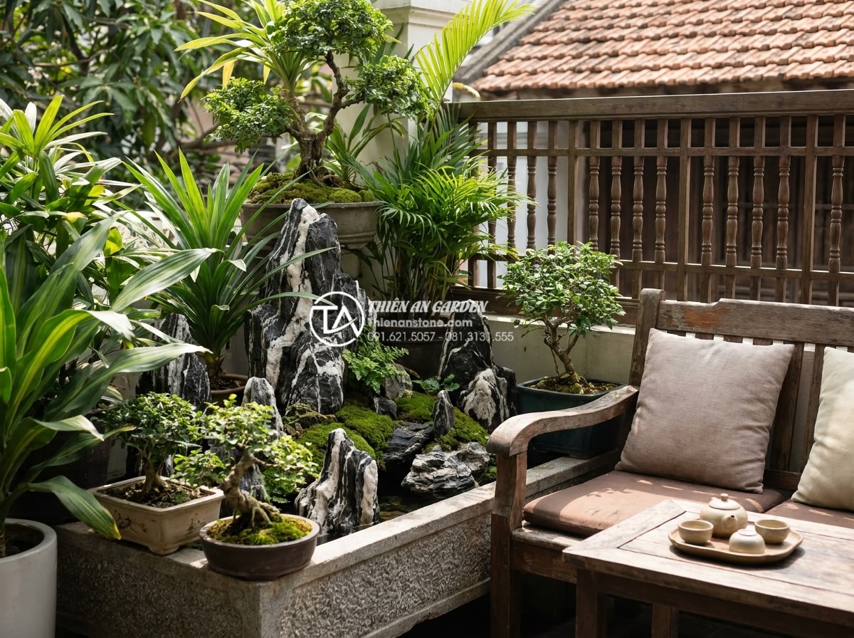 Case Study: Cải tạo góc sân chết 2m2 thành tiểu cảnh mini cực chill - Hình 14 Case Study: Cải tạo góc sân chết 2m2 thành tiểu cảnh mini cực chill - Customer testimonial style image showing happy family enjoying the new mini land
