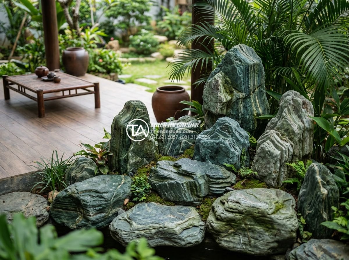Case Study: Cải tạo góc sân chết 2m2 thành tiểu cảnh mini cực chill - Hình 15 Case Study: Cải tạo góc sân chết 2m2 thành tiểu cảnh mini cực chill - Wide angle view of the integrated mini rockery within the larger garden showing