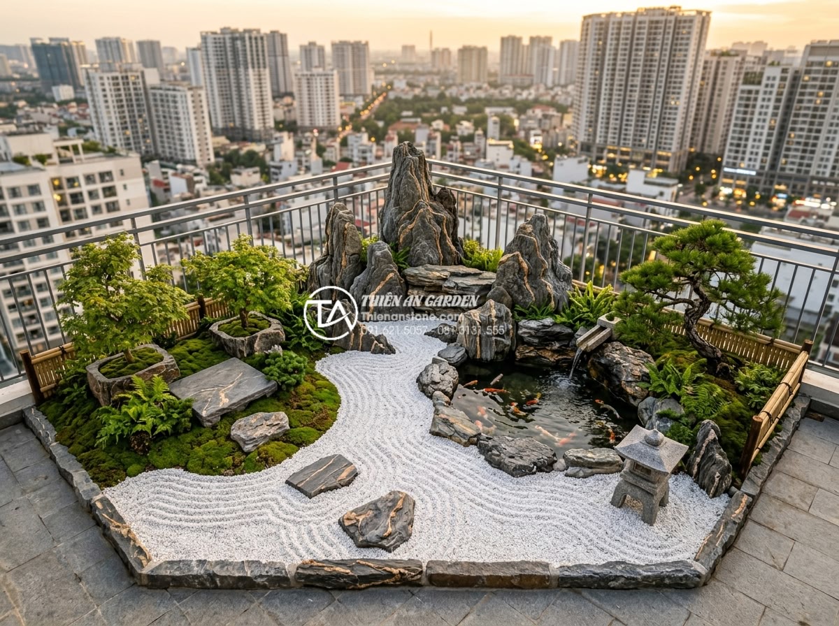 Case Study: Cải tạo sân thượng 15m2 thành không gian thư giãn kiểu Nhật - Detailed aerial view of a serene 15 square meter Japanese zen rooftop garden aft