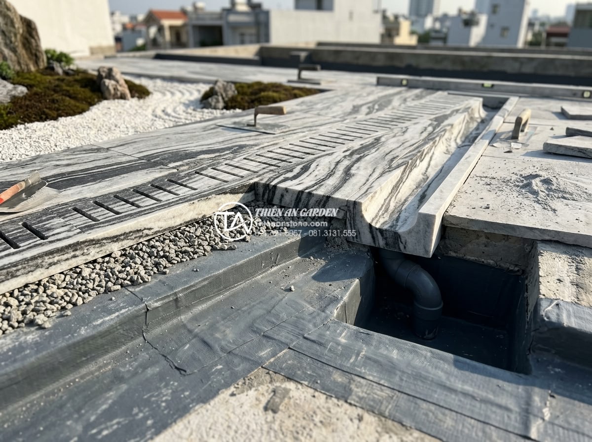 Case Study: Cải tạo sân thượng 15m2 thành không gian thư giãn kiểu Nhật - Close-up technical view of the rooftop waterproofing and drainage system during 