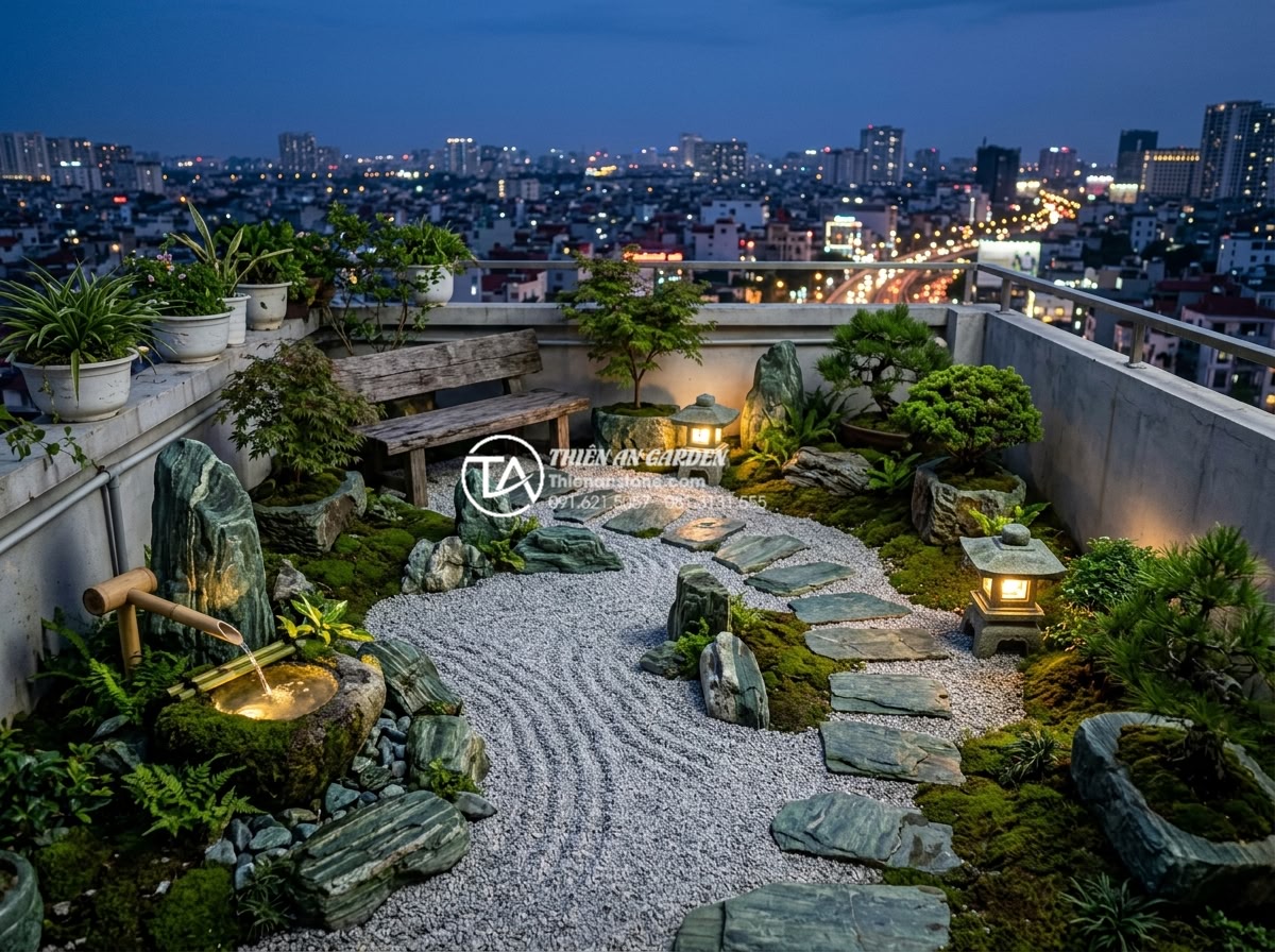 Case Study: Cải tạo sân thượng 15m2 thành không gian thư giãn kiểu Nhật - Wide angle shot of the completed 15 square meter Japanese style rooftop zen gard