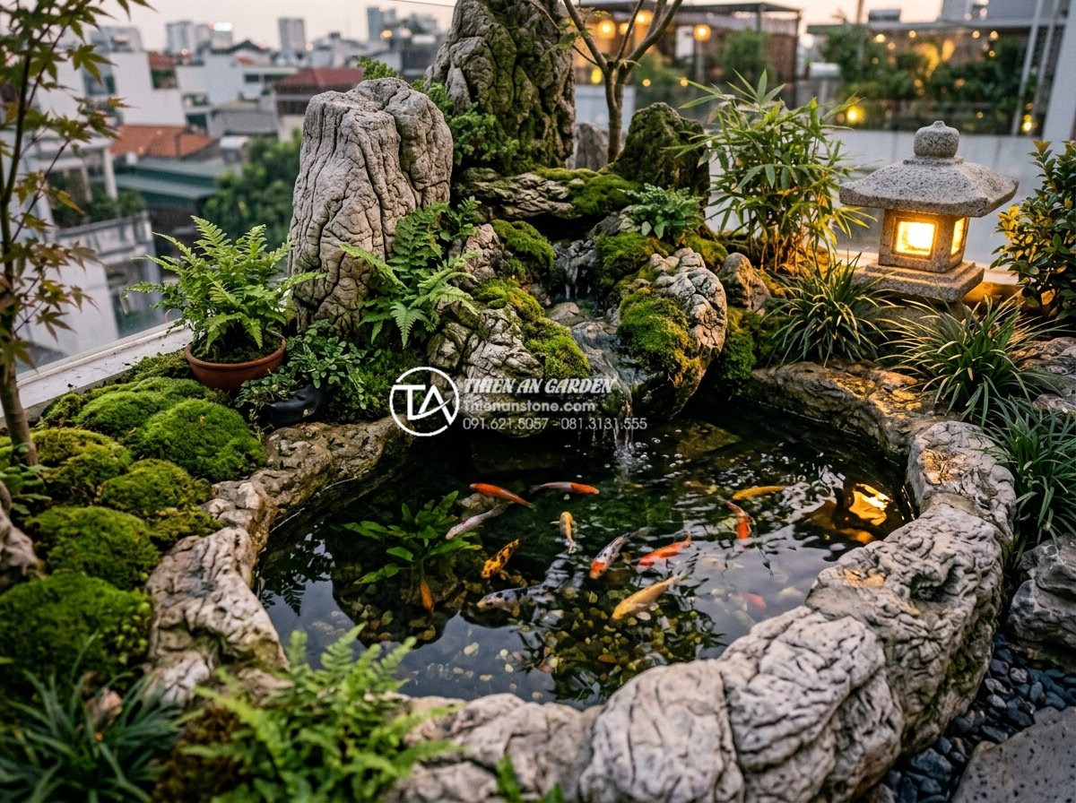 Case Study: Cải tạo sân thượng 15m2 thành không gian thư giãn kiểu Nhật - Intimate view of the miniature Japanese koi pond and rockery feature within the 