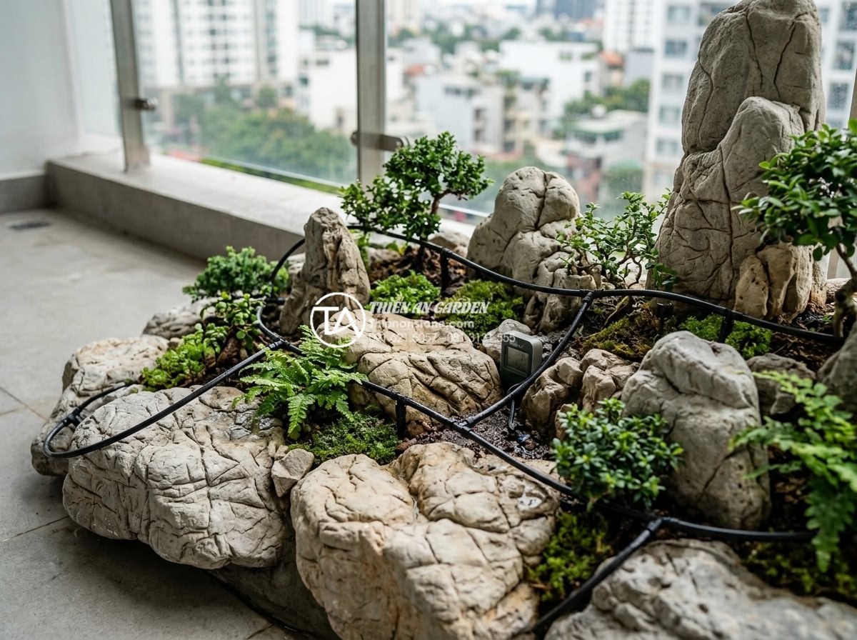 Checklist 10 bước thi công tiểu cảnh ban công chuyên nghiệp cho người mới - Automated irrigation system with drip lines integrated into stone and plant mini
