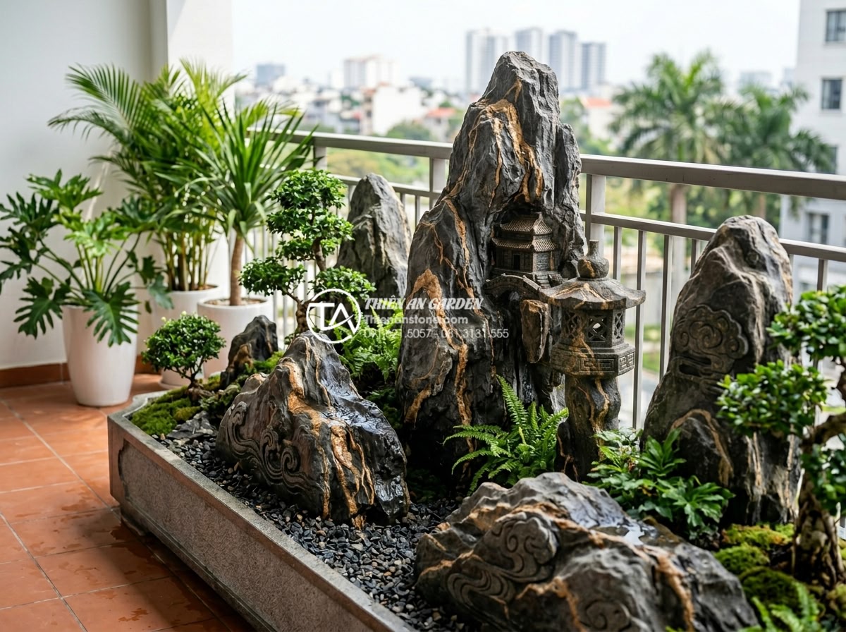 Checklist 10 bước thi công tiểu cảnh ban công chuyên nghiệp cho người mới - Finished stone placement with carved decorative elements creating focal points i