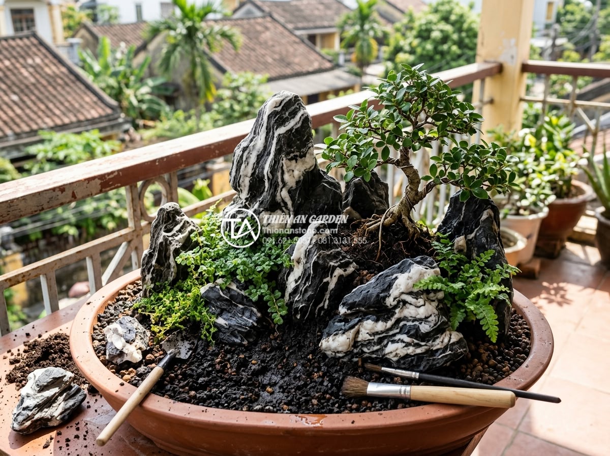 Checklist 10 bước thi công tiểu cảnh ban công chuyên nghiệp cho người mới - Planting process of suitable green plants and bonsai trees among natural stones 