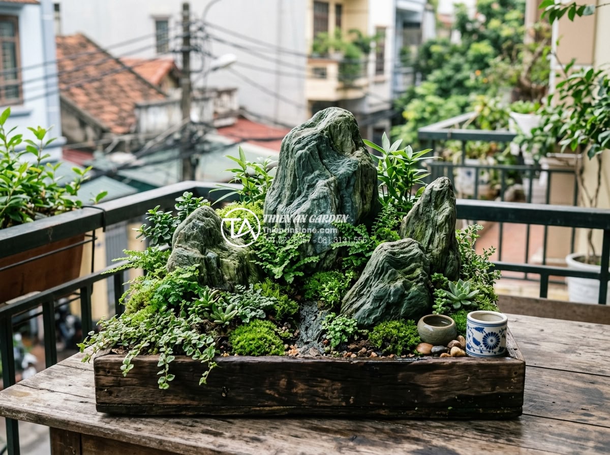 Checklist 10 bước thi công tiểu cảnh ban công chuyên nghiệp cho người mới - Lush green vegetation integrated with stone art in completed balcony miniature l