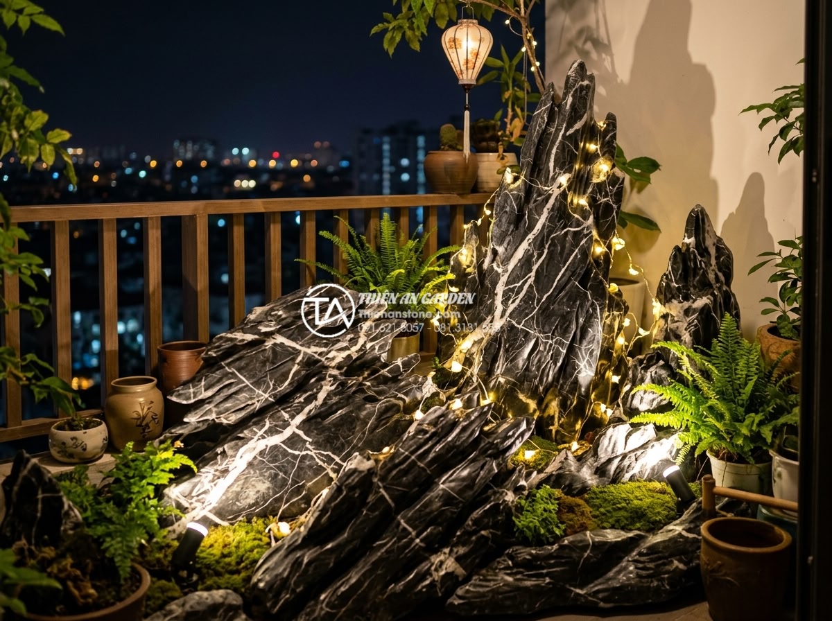Checklist 10 bước thi công tiểu cảnh ban công chuyên nghiệp cho người mới - Night view of illuminated natural stone features with decorative lights in balco