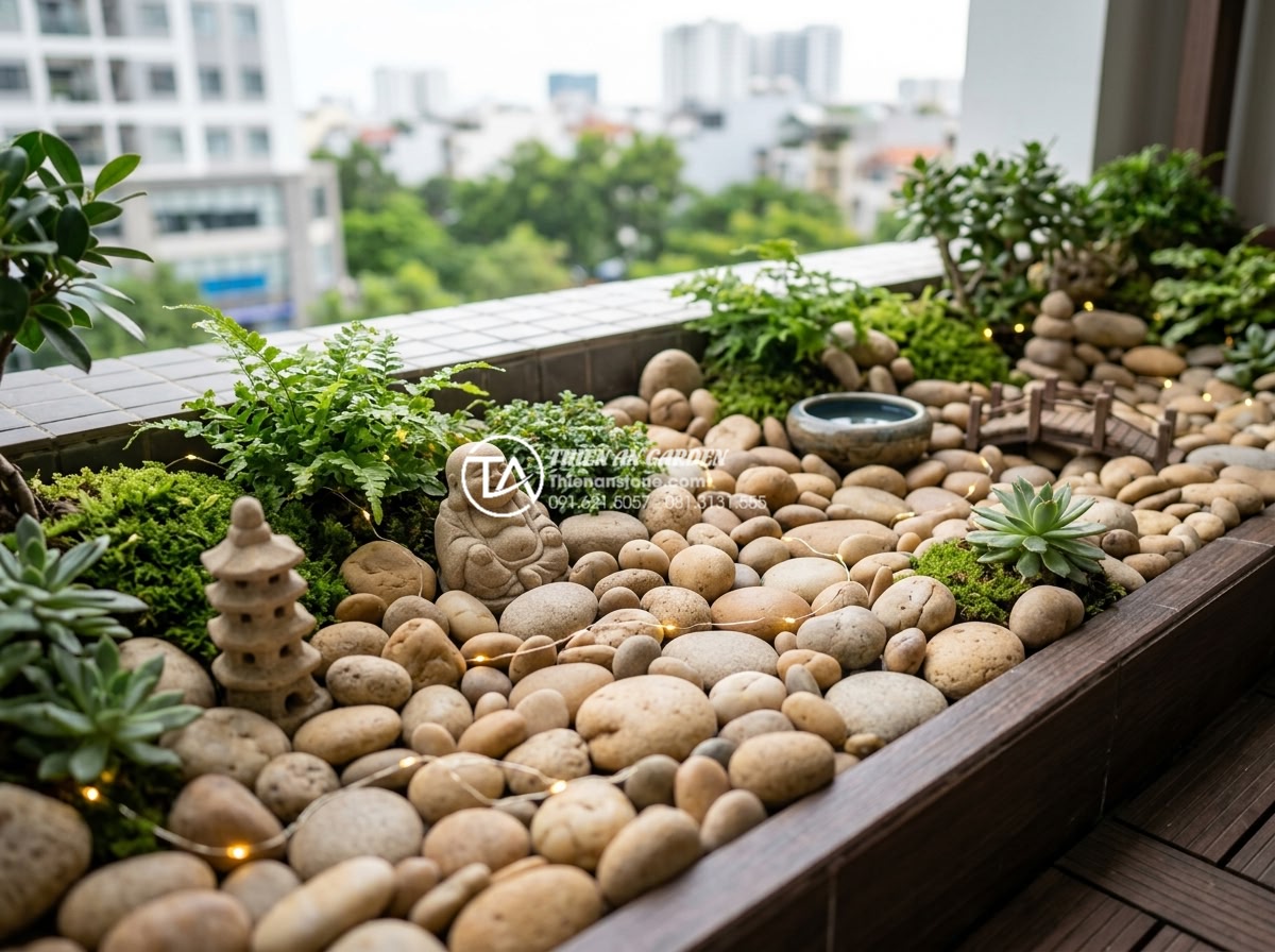 Checklist 10 bước thi công tiểu cảnh ban công chuyên nghiệp cho người mới - Decorative stone statues and LED lighting elements enhancing the aesthetic of pr