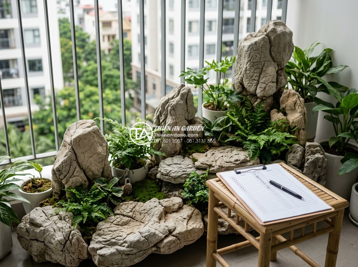 Checklist 10 bước thi công tiểu cảnh ban công chuyên nghiệp cho người mới - Quality inspection checklist being performed on finished stone and plant balcony